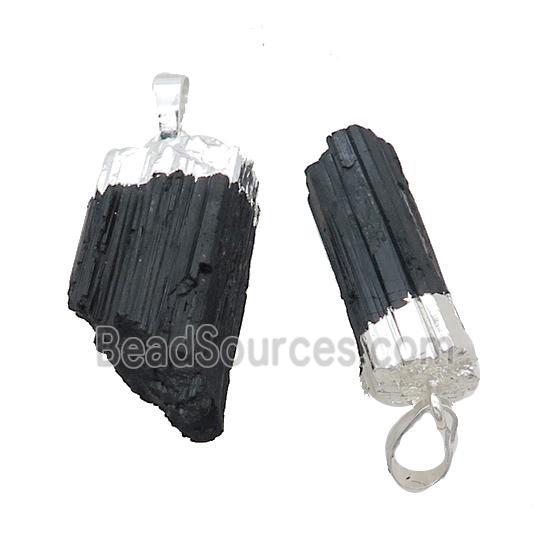 Natural Black Tourmaline Pendant Freeform Shiny Silver