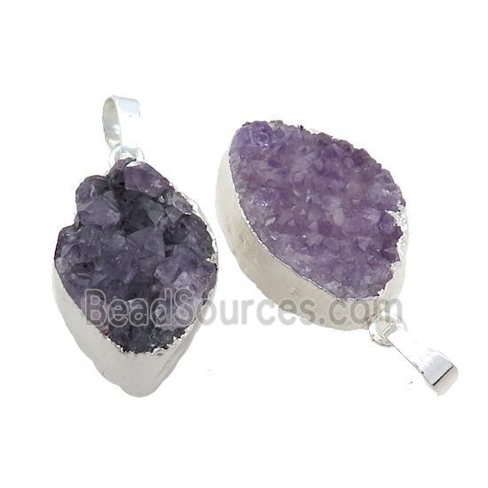 Amethyst Druzy Cluster Pendant Freeform Shiny Silver