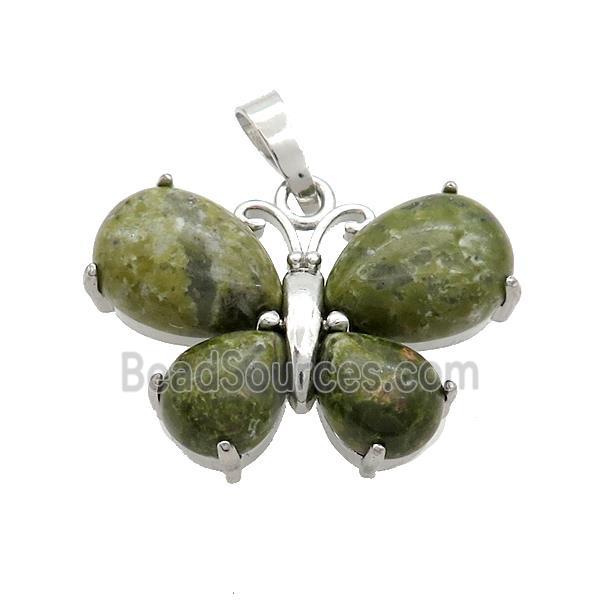 Natural Green Unakite Butterfly Pendant Platinum Plated