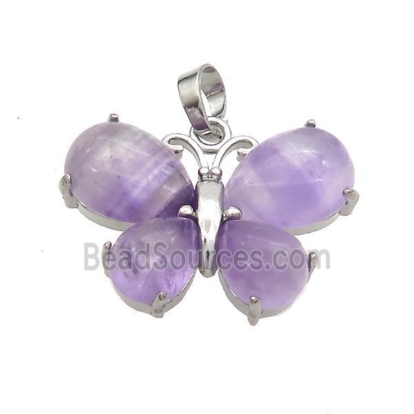 Natural Purple Amethyst Butterfly Pendant Platinum Plated