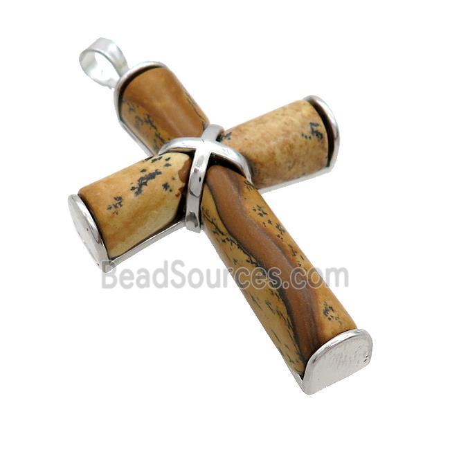 Natural Picture Jasper Cross Pendant Platinum Plated