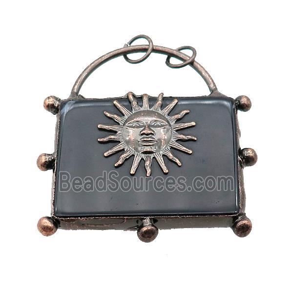 Natural Black Agate Lock Pendant Dye Sunface Antique Red