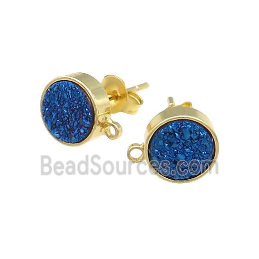 Blue Druzy Quartz Stud Earrings Gold Plated