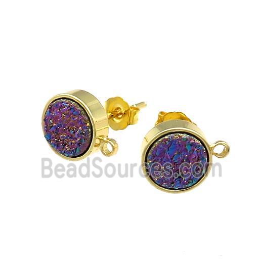 Rainbow Druzy Quartz Stud Earrings Gold Plated