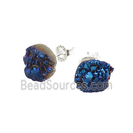 Blue Druzy Quartz Stud Earrings Platinum Plated