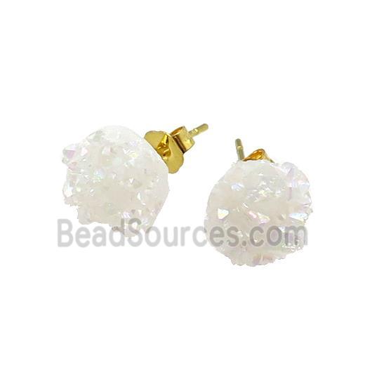 White AB-Color Druzy Quartz Stud Earrings Gold Plated