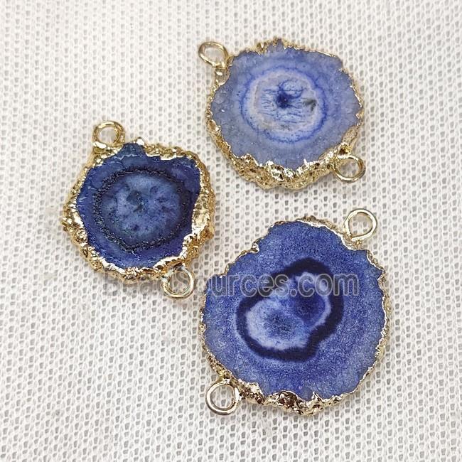 Solar Quartz Slice Connector Blue Dye Gold Plated