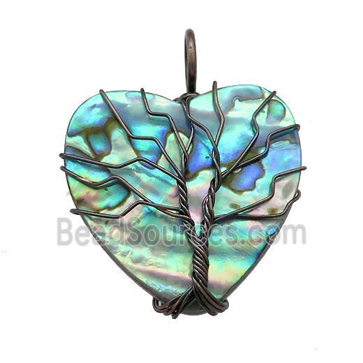 Abalone Shell Heart Pendant Tree Of Life Copper Wire Wrapped Black Plated