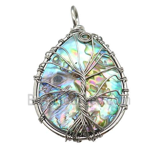 Abalone Shell Teardrop Pendant Tree Of Life Copper Wire Wrapped Platinum