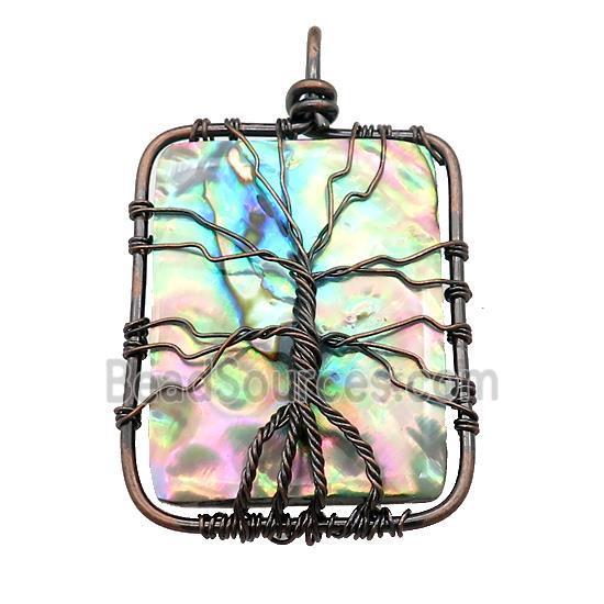 Abalone Shell Rectangle Pendant Tree Of Life Copper Wire Wrapped Antique Red