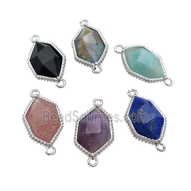 Natural Gemstone Energy Prism Connector Platinum Plated Polygon Mixed