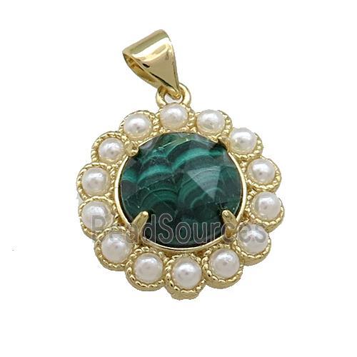 Copper Circle Pendant Pave Green Malachite Pearlized Resin Gold Plated