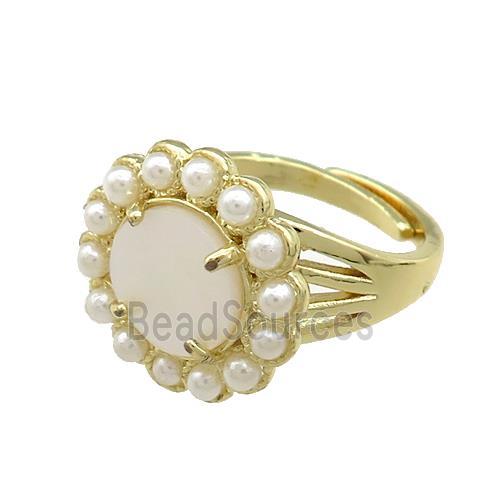 Copper Circle Rings Pave White Shell Pearlized Resin Adjustable Gold Plated