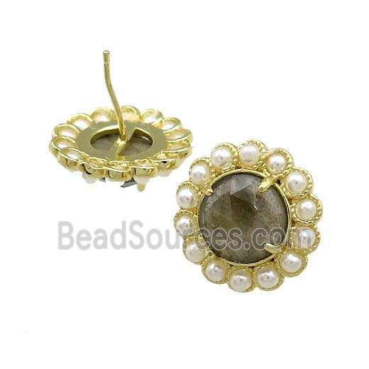 Copper Circle Stud Earrings Pave Labradorite Pearlized Resin Gold Plated