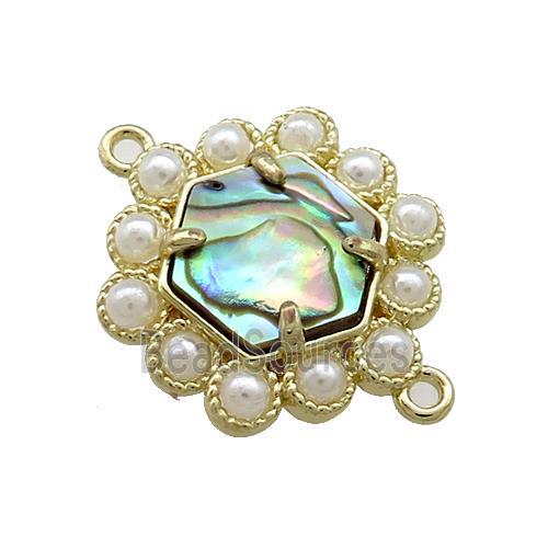 Copper Hexagon Connector Pave Abalone Shell Pearlized Resin Gold Plated