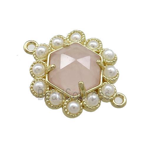 Copper Hexagon Connector Pave Pink Rose Quartz Pearlized Resin Gold Plated