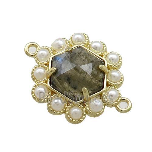 Copper Hexagon Connector Pave Labradorite Pearlized Resin Gold Plated