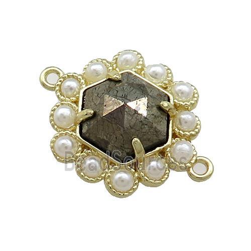 Copper Hexagon Connector Pave Pyrite Pearlized Resin Gold Plated