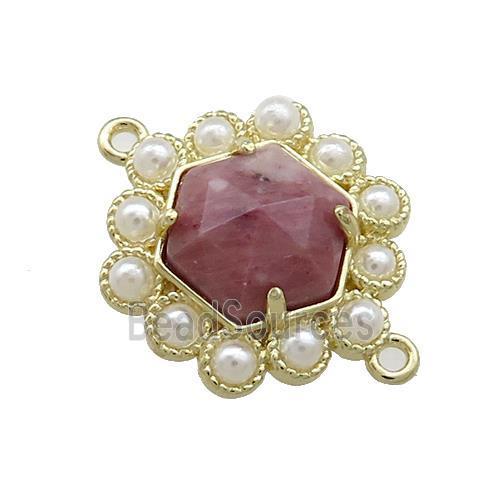 Copper Hexagon Connector Pave Pink Wood Lace Jasper Pearlized Resin Gold Plated