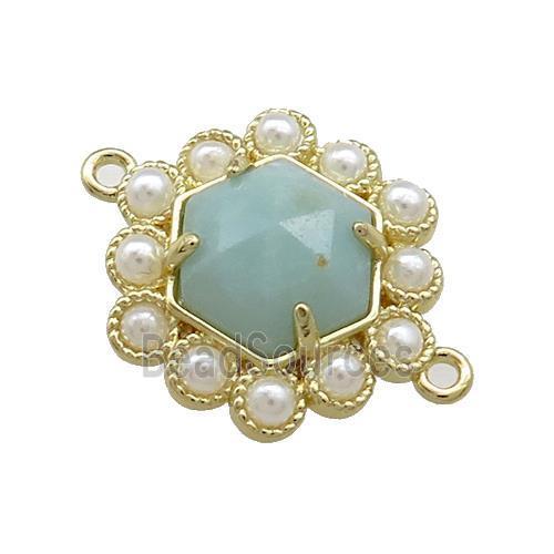 Copper Hexagon Connector Pave Blue Amazonite Pearlized Resin Gold Plated