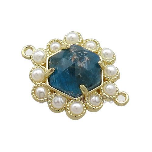 Copper Hexagon Connector Pave Blue Apatite Pearlized Resin Gold Plated