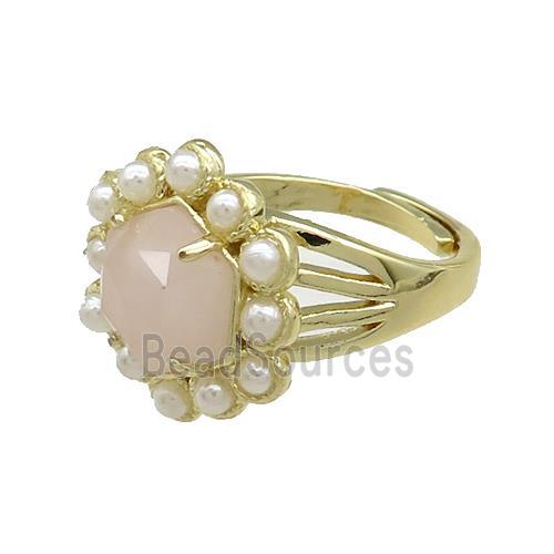 Copper Hexagon Rings Pave Rose Quartz Pearlized Resin Adjustable Gold Plated