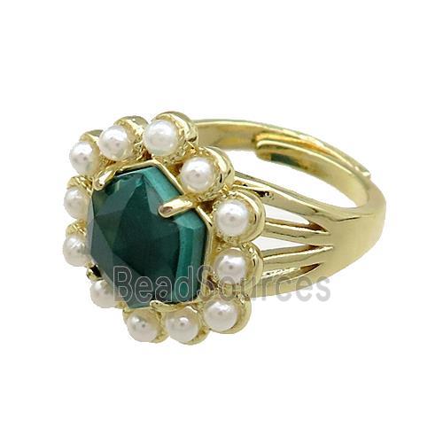 Copper Hexagon Rings Pave Malachite Pearlized Resin Adjustable Gold Plated