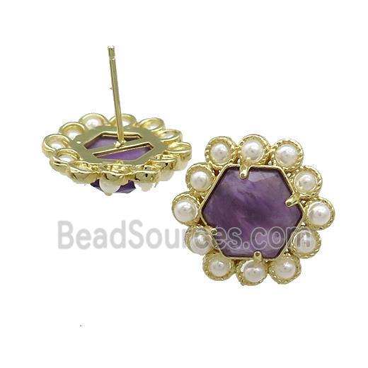 Copper Hexagon Stud Earrings Pave Amethyst Pearlized Resin Gold Plated