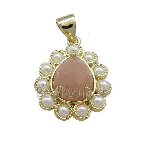 Copper Teardrop Pendant Pave Peach Sunstone Pearlized Resin Gold Plated