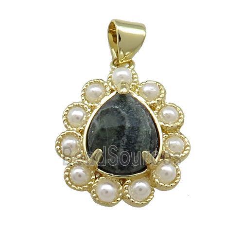 Copper Teardrop Pendant Pave Kambaba Jasper Pearlized Resin Gold Plated