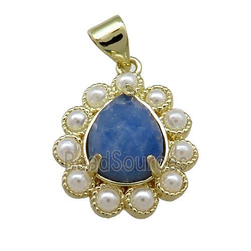 Copper Teardrop Pendant Pave Blue Aventurine Pearlized Resin Gold Plated