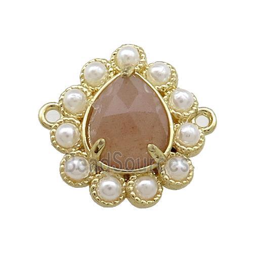 Copper Teardrop Connector Pave Peach Sunstone Pearlized Resin Gold Plated