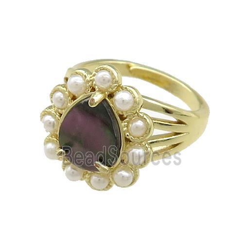 Copper Teardrop Rings Pave Gray Abalone Shell Pearlized Resin Adjustable Gold Plated