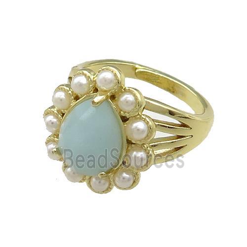 Copper Teardrop Rings Pave Blue Amazonite Pearlized Resin Adjustable Gold Plated