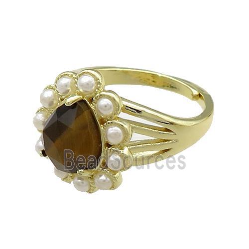 Copper Teardrop Rings Pave Tiger Eye Stone Pearlized Resin Adjustable Gold Plated