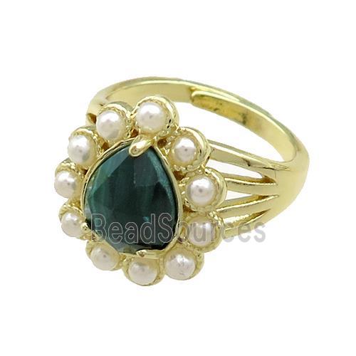 Copper Teardrop Rings Pave Malachite Pearlized Resin Adjustable Gold Plated