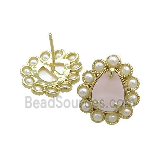 Copper Teardrop Stud Earrings Pave Pink Queen Shell Pearlized Resin Gold Plated