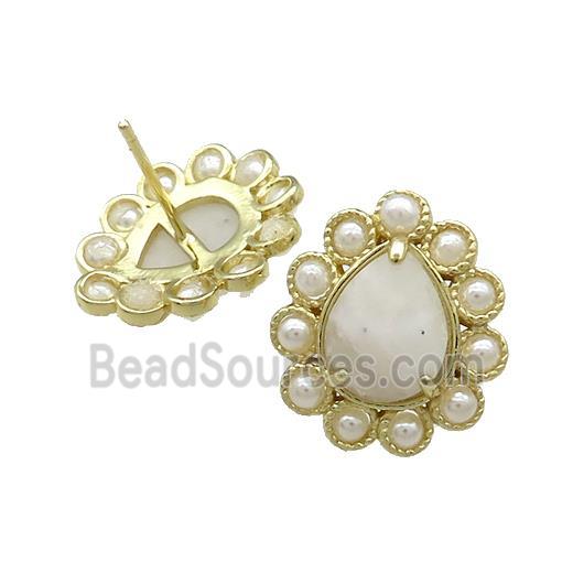 Copper Teardrop Stud Earrings Pave White Moonstone Pearlized Resin Gold Plated