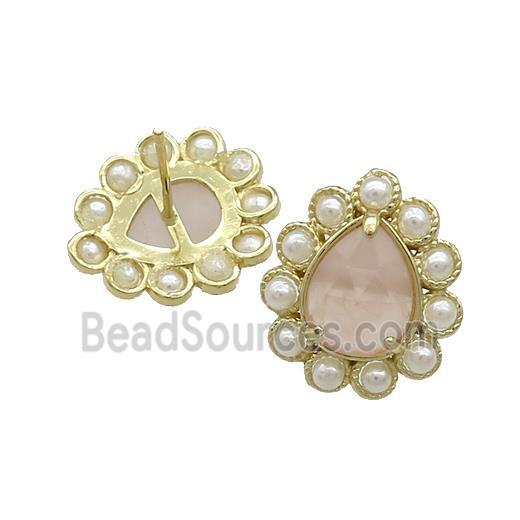 Copper Teardrop Stud Earrings Pave Rose Quartz Pearlized Resin Gold Plated