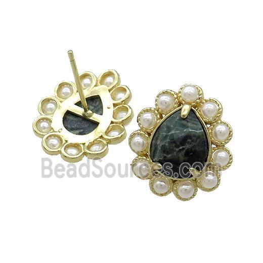 Copper Teardrop Stud Earrings Pave Kambaba Jasper Pearlized Resin Gold Plated