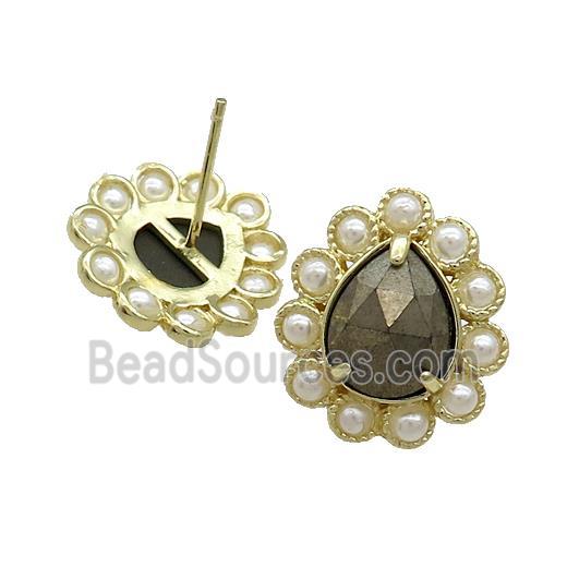 Copper Teardrop Stud Earrings Pave Pyrite Pearlized Resin Gold Plated