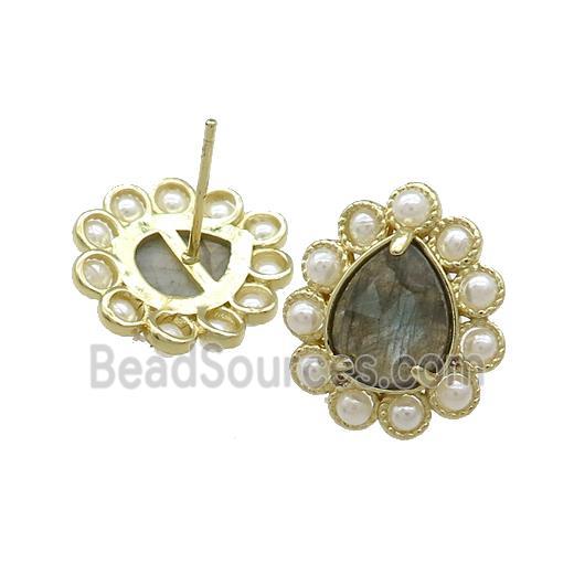 Copper Teardrop Stud Earrings Pave Labradorite Pearlized Resin Gold Plated