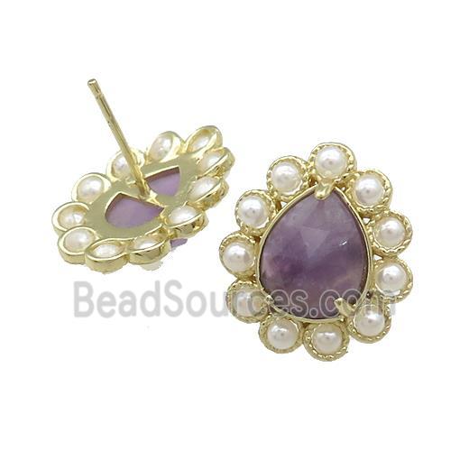 Copper Teardrop Stud Earrings Pave Purple Amethyst Pearlized Resin Gold Plated