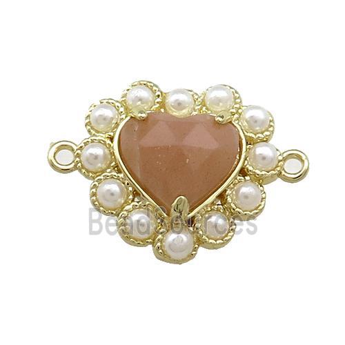 Copper Heart Connector Pave Peach Sunstone Pearlized Resin Gold Plated