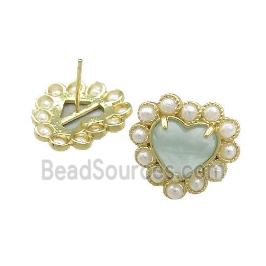 Copper Heart Stud Earring Pave Aquamarine Pearlized Resin Gold Plated