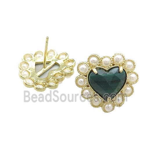 Copper Heart Stud Earring Pave Malachite Pearlized Resin Gold Plated