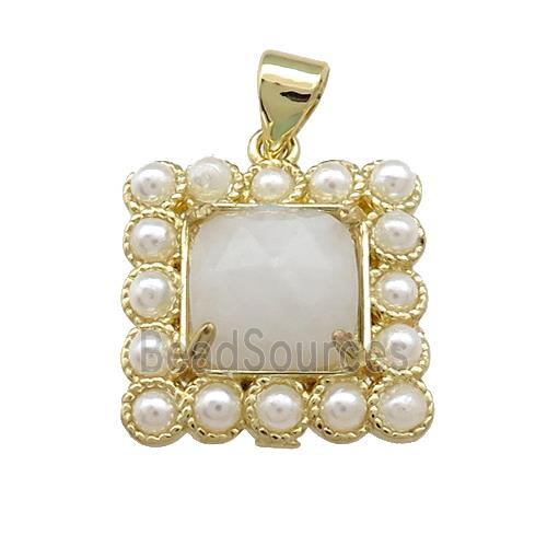 Copper Square Pendant Pave White Moonstone Pearlized Resin Gold Plated