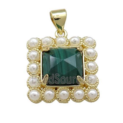 Copper Square Pendant Pave Malachite Pearlized Resin Gold Plated