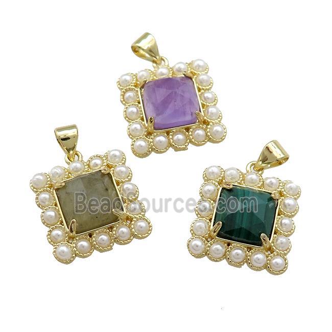 Copper Square Pendant Pave Gemstone Pearlized Resin Mixed Gold Plated