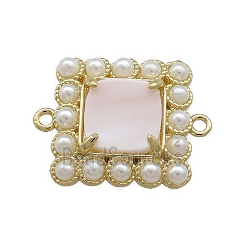 Copper Square Connector Pave Pink Queen Shell Pearlized Resin Gold Plated